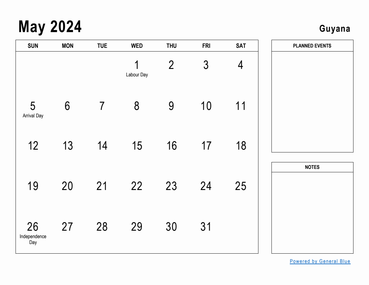 May 2024 Planner with Guyana Holidays