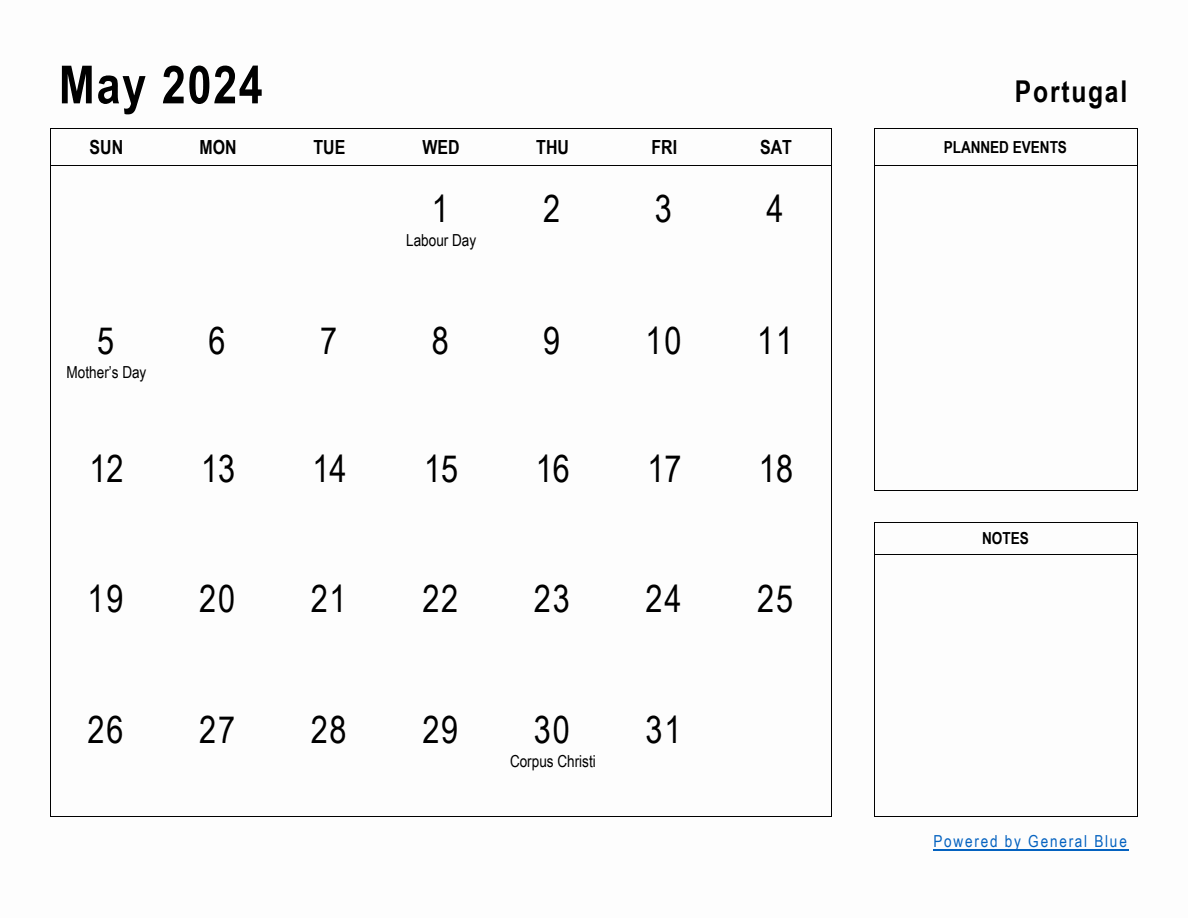 May 2024 Planner with Portugal Holidays
