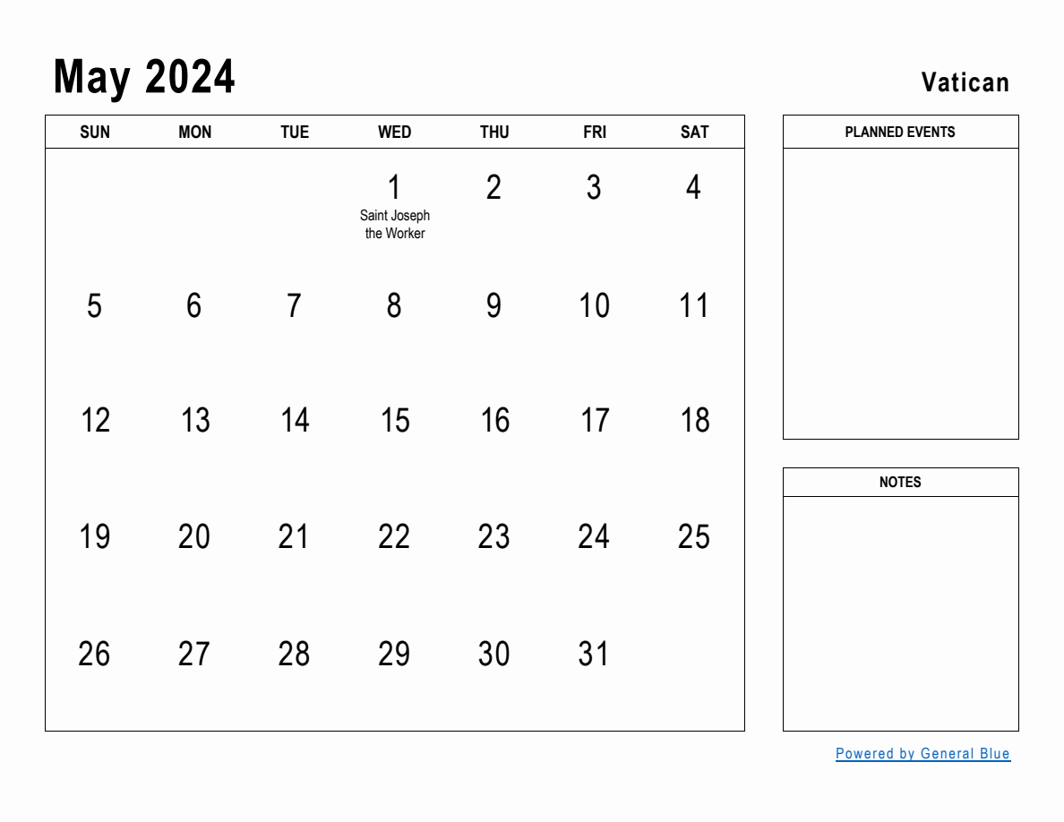 May 2024 Planner with Vatican Holidays