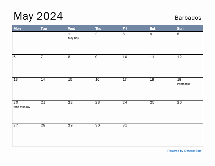 May 2024 Barbados Monthly Calendar With Holidays
