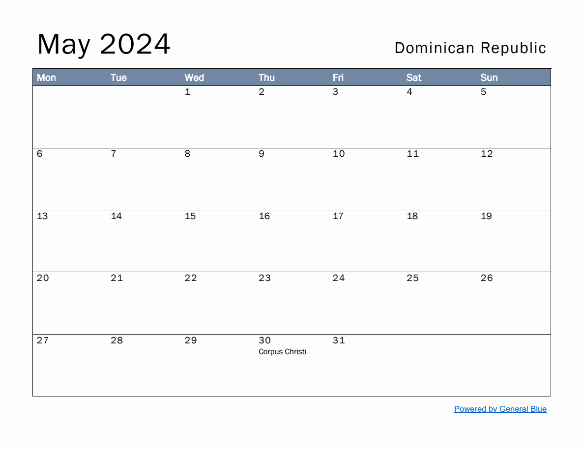 Free Monthly Calendar Template for May 2024 with Dominican Republic