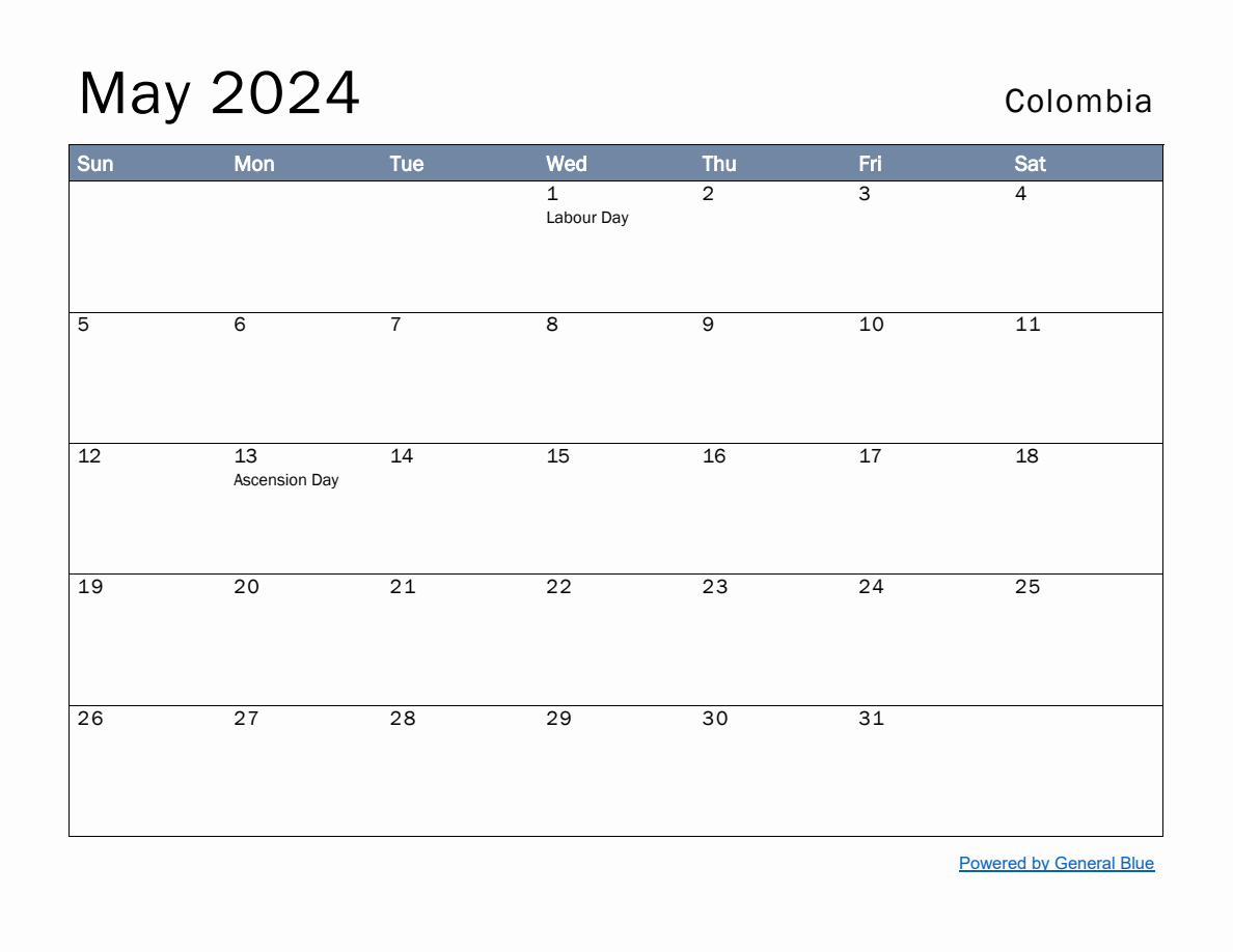 Free Monthly Calendar Template for May 2024 with Colombia Holidays