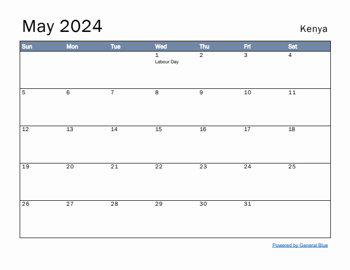 Free Monthly Calendar Template for May 2024 with Kenya Holidays
