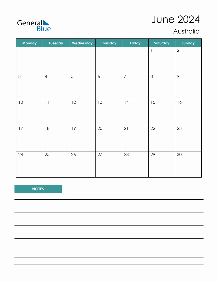 Monthly Calendar Planner with Australia Holidays June 2024