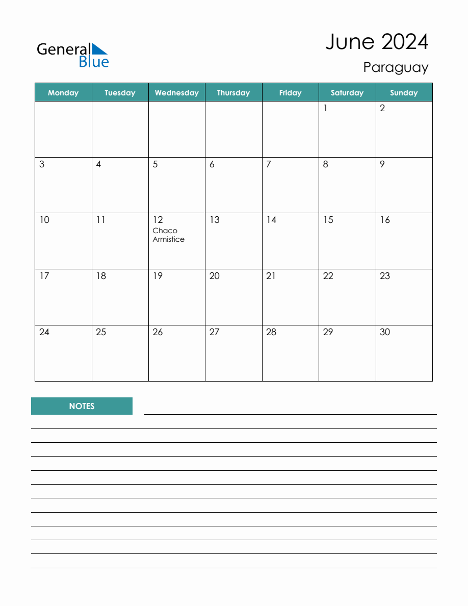 Monthly Planner With Paraguay Holidays June 2024