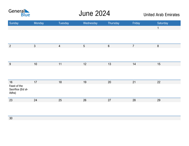 United Arab Emirates June 2024 Calendar with Holidays