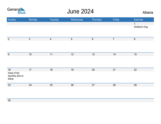 Albania June 2024 Calendar with Holidays