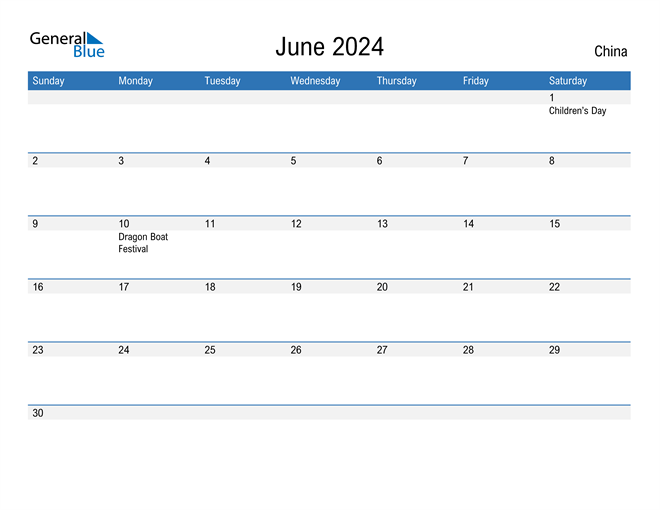 June 2024 Calendar with China Holidays