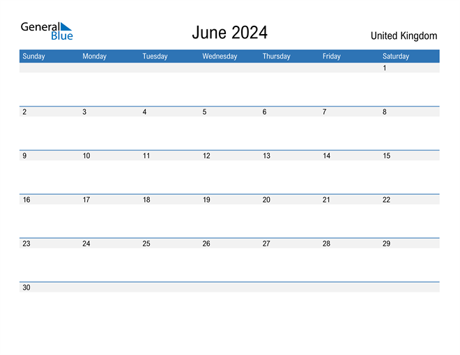 United Kingdom June 2024 Calendar with Holidays