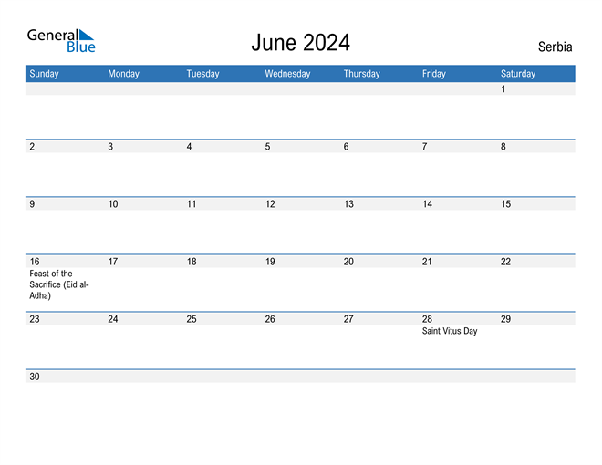 June 2024 Calendar with Serbia Holidays