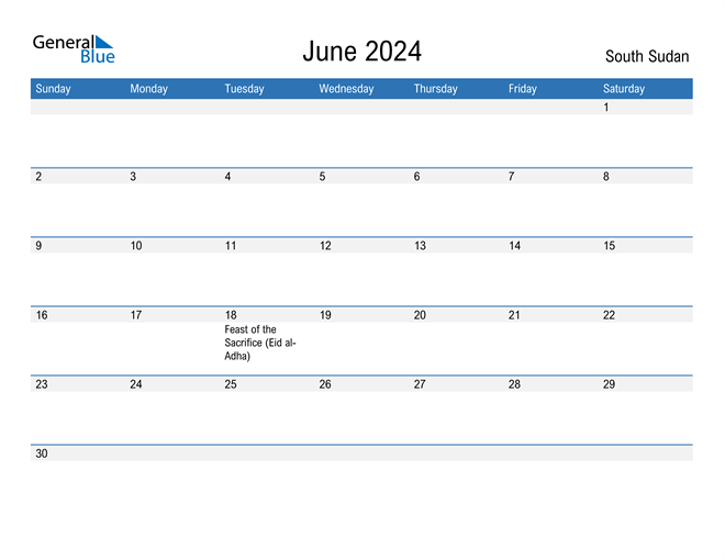 South Sudan June 2024 Calendar with Holidays