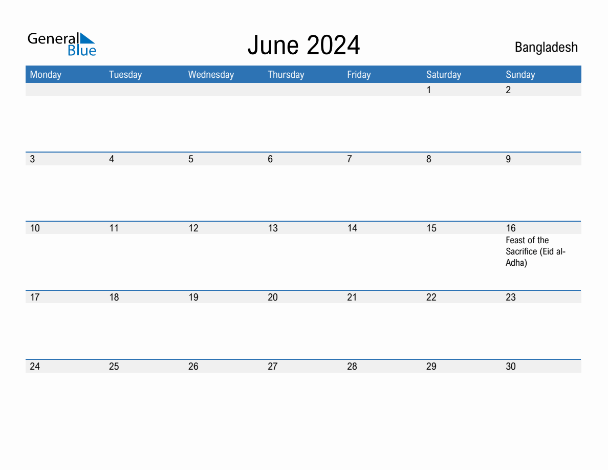 Editable June 2024 Calendar with Bangladesh Holidays