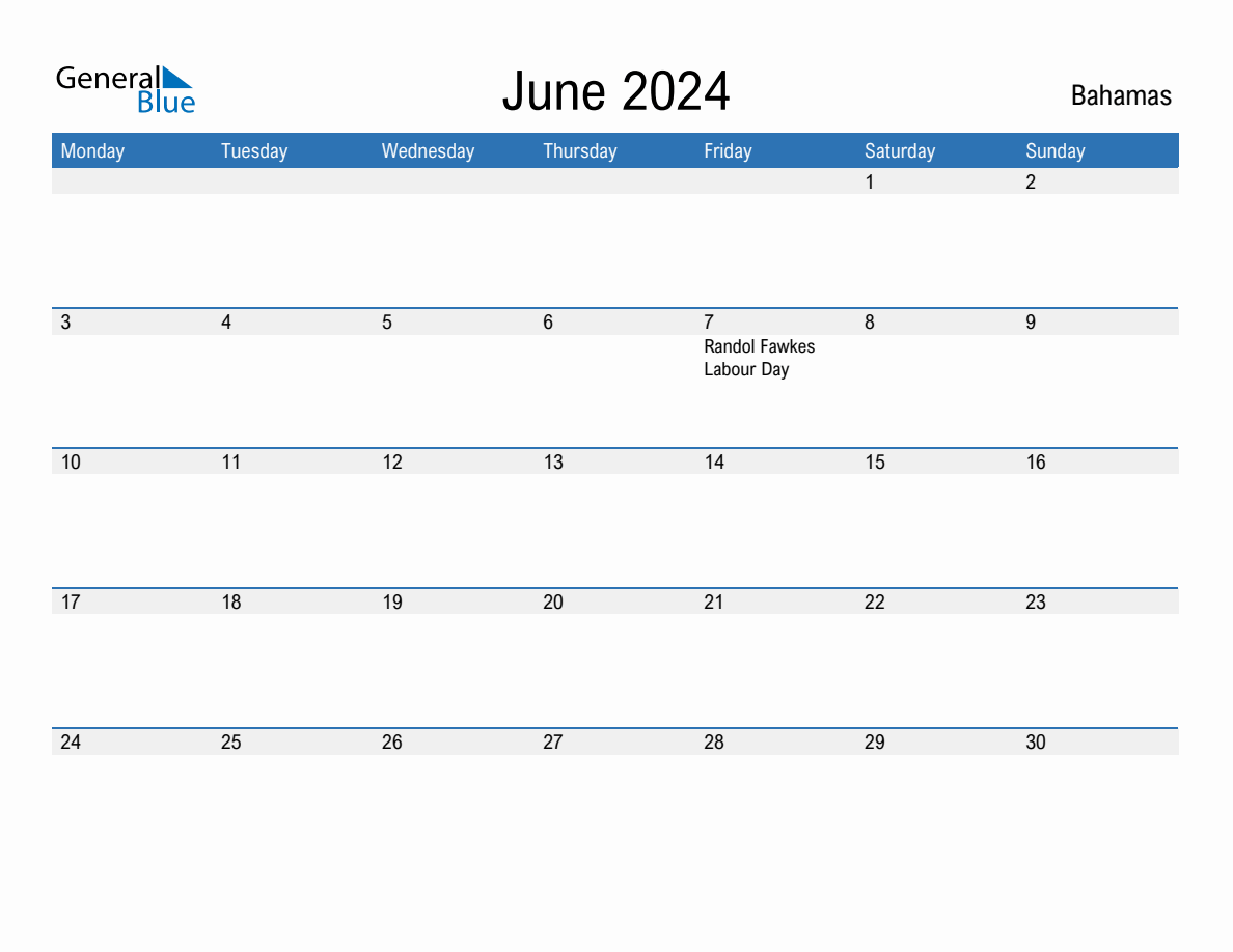 Editable June 2024 Calendar with Bahamas Holidays