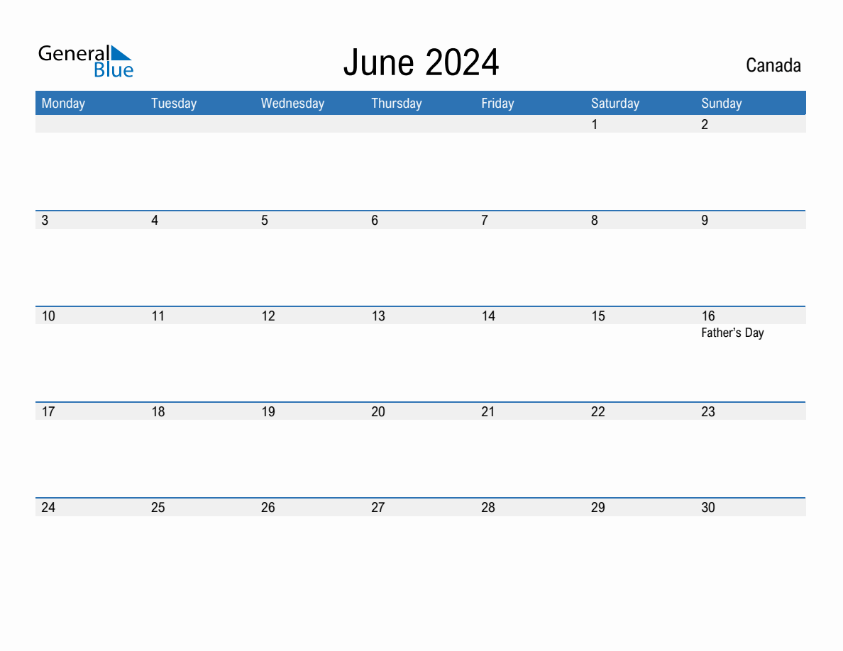 Editable June 2024 Calendar with Canada Holidays