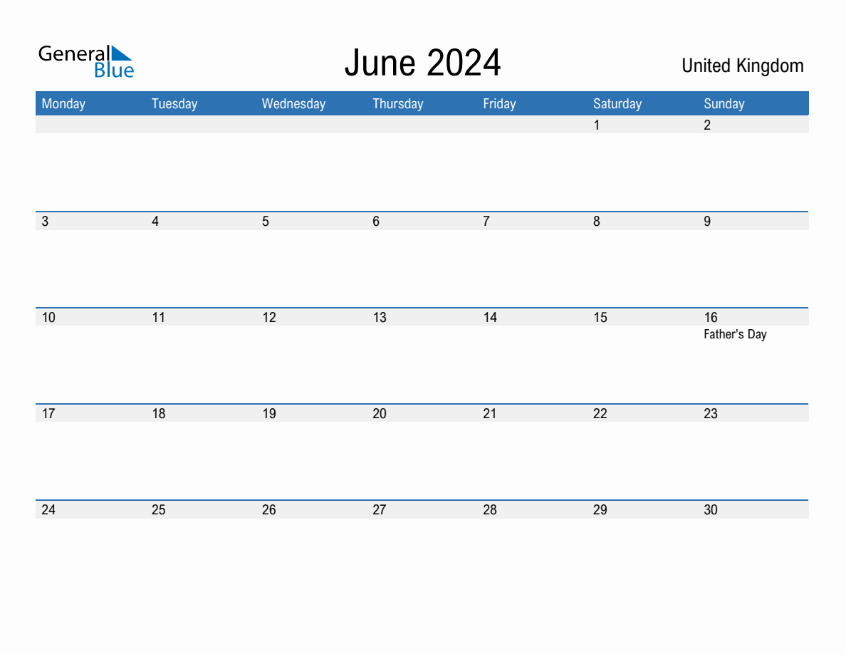 Editable June 2024 Calendar with United Kingdom Holidays