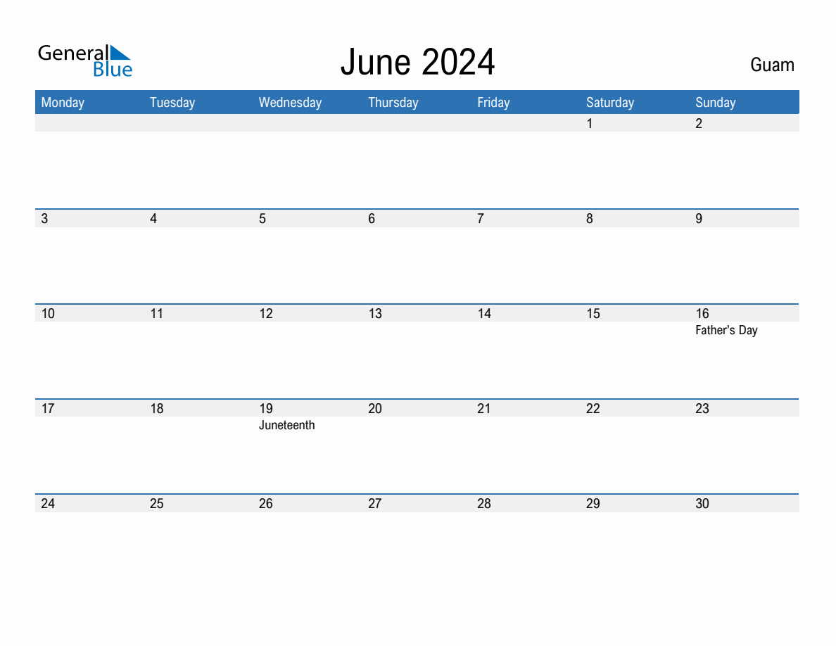 Editable June 2024 Calendar with Guam Holidays