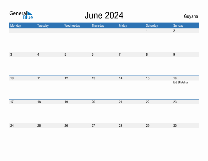 Editable June 2024 Calendar with Guyana Holidays