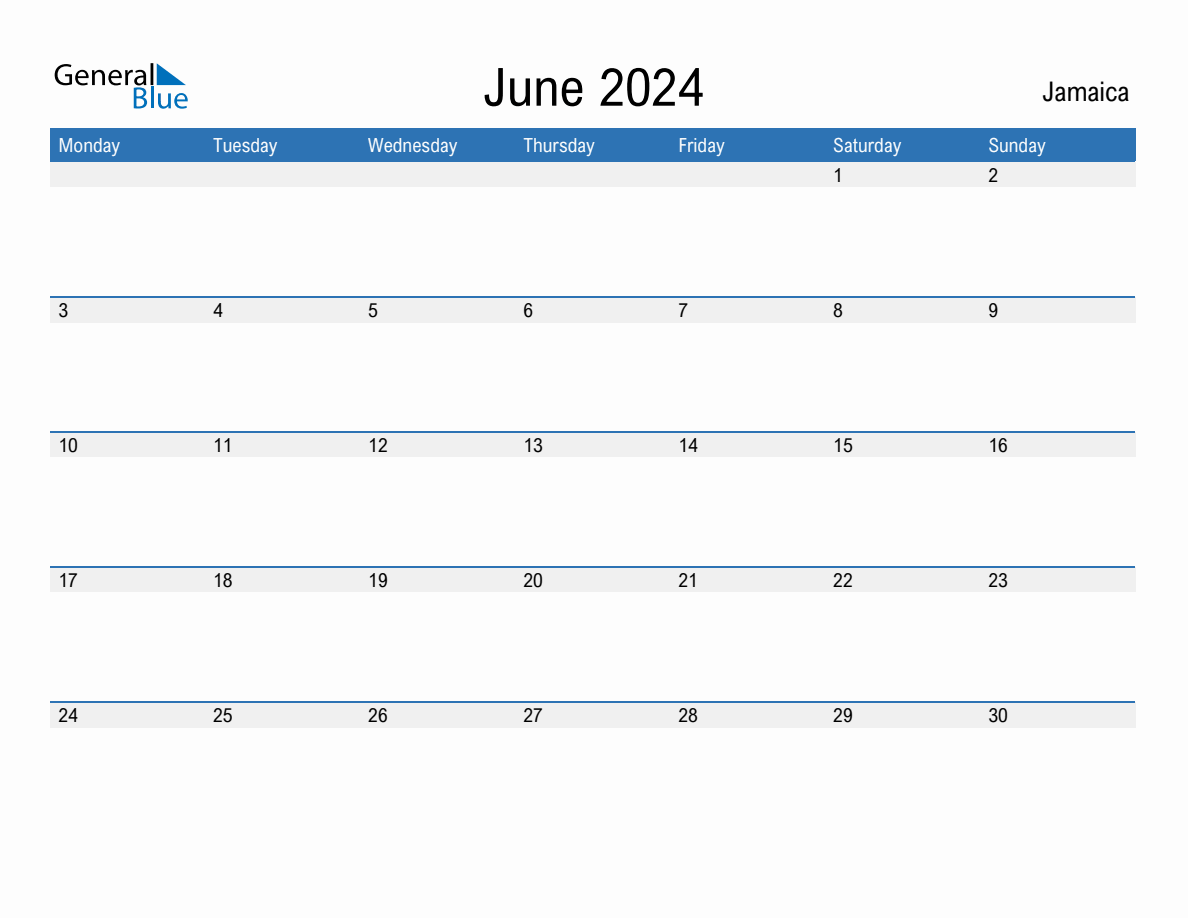 Editable June 2024 Calendar with Jamaica Holidays