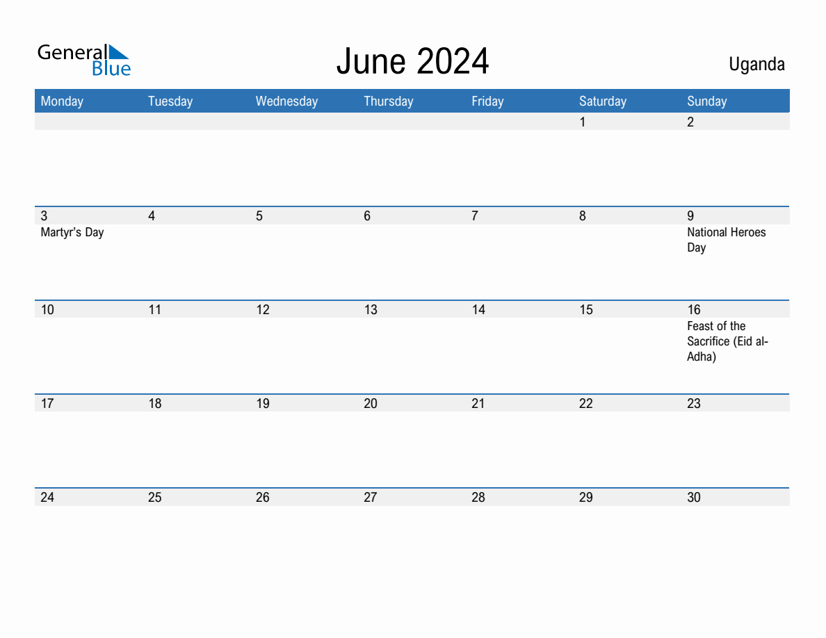 Editable June 2024 Calendar with Uganda Holidays