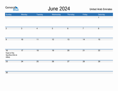 Current month calendar with United Arab Emirates holidays for June 2024