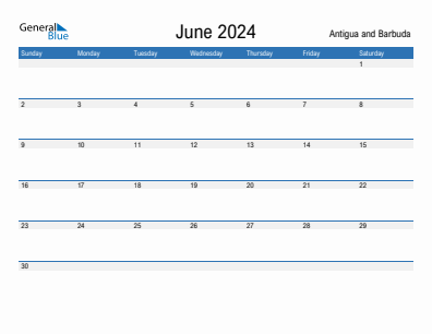 Current month calendar with Antigua and Barbuda holidays for June 2024