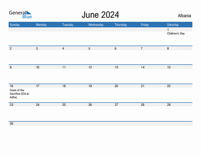 Current month calendar with Albania holidays for June 2024