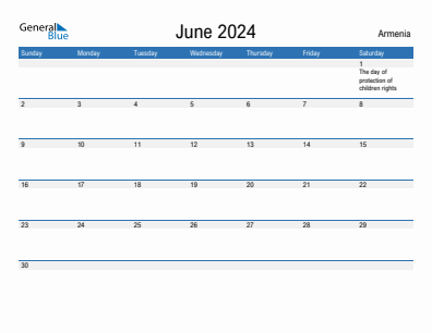 Current month calendar with Armenia holidays for June 2024
