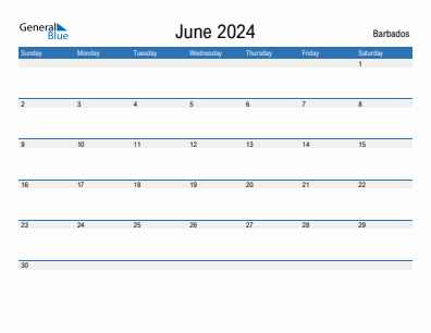 Current month calendar with Barbados holidays for June 2024