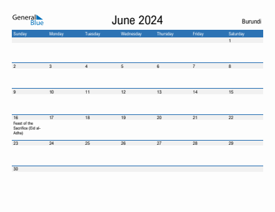 Current month calendar with Burundi holidays for June 2024