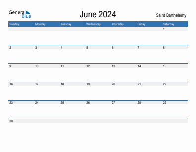 Current month calendar with Saint Barthelemy holidays for June 2024