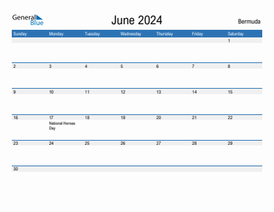 Current month calendar with Bermuda holidays for June 2024