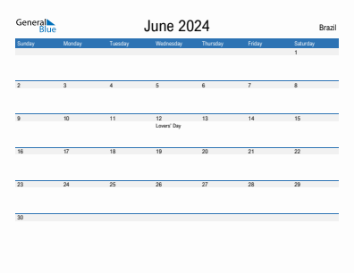 Current month calendar with Brazil holidays for June 2024