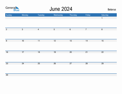 Current month calendar with Belarus holidays for June 2024