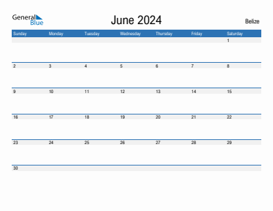 Current month calendar with Belize holidays for June 2024