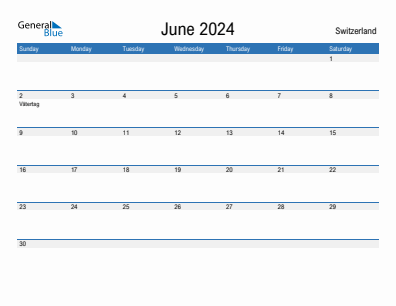 Current month calendar with Switzerland holidays for June 2024