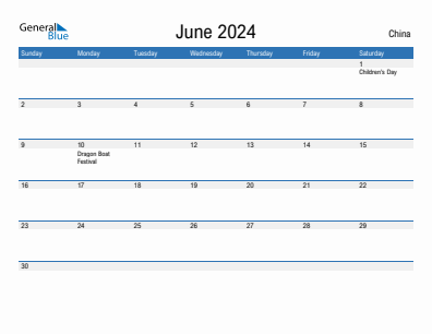 Current month calendar with China holidays for June 2024