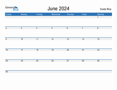 Current month calendar with Costa Rica holidays for June 2024