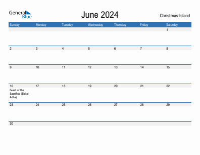Current month calendar with Christmas Island holidays for June 2024