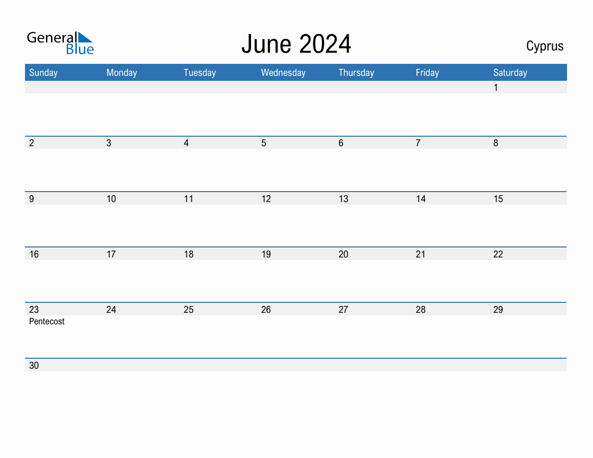 Editable June 2024 Calendar with Cyprus Holidays