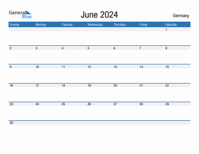 Current month calendar with Germany holidays for June 2024