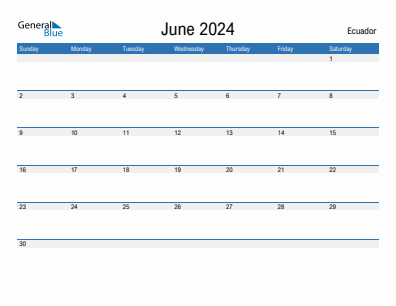 Current month calendar with Ecuador holidays for June 2024