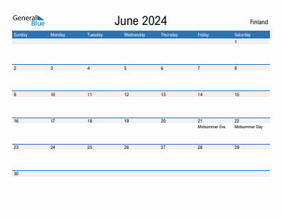 Current month calendar with Finland holidays for June 2024