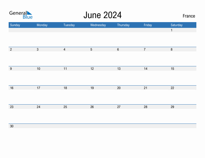 June 2024 Monthly Calendar with France Holidays
