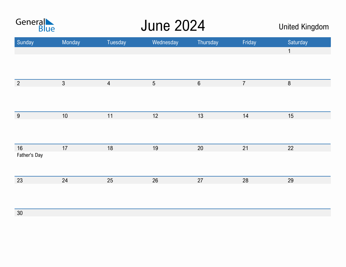 Editable June 2024 Calendar with United Kingdom Holidays