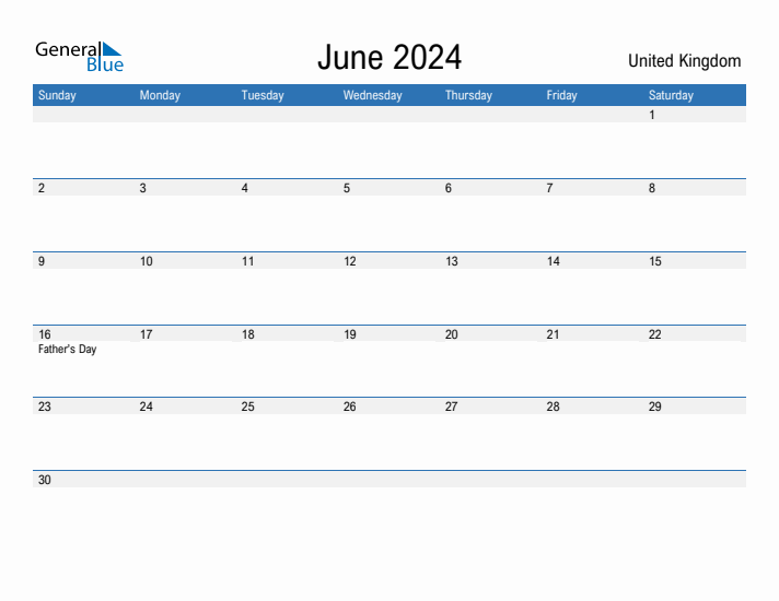 June 2024 Monthly Calendar with United Kingdom Holidays