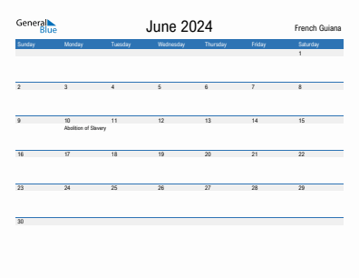Current month calendar with French Guiana holidays for June 2024