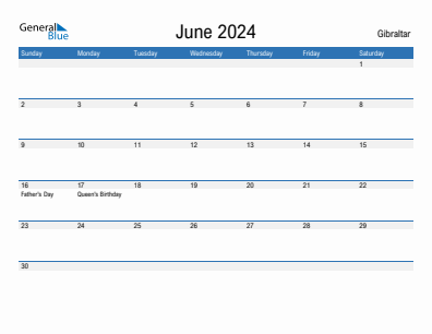 Current month calendar with Gibraltar holidays for June 2024