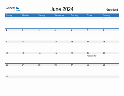Current month calendar with Greenland holidays for June 2024