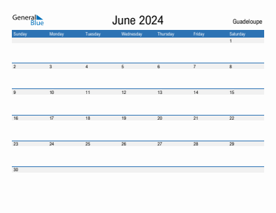 Current month calendar with Guadeloupe holidays for June 2024