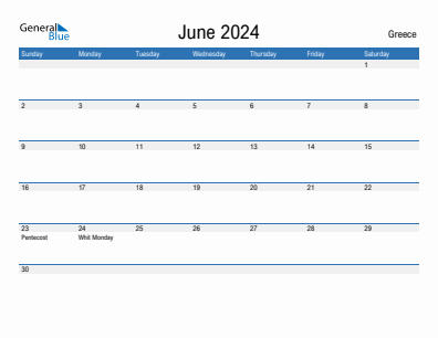 Current month calendar with Greece holidays for June 2024